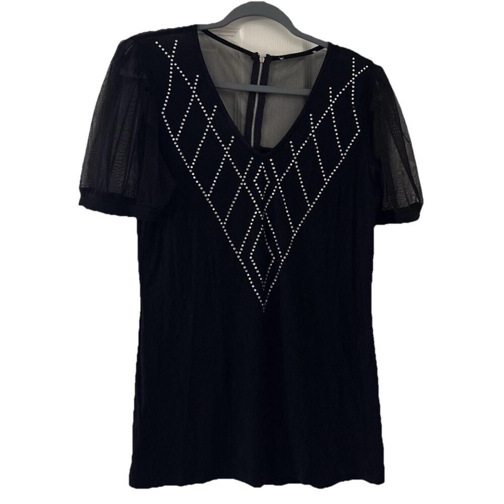 Black Embellished Rhinestones Blouse Size M/L? Sheer Short Sleeve Zipper Stretch